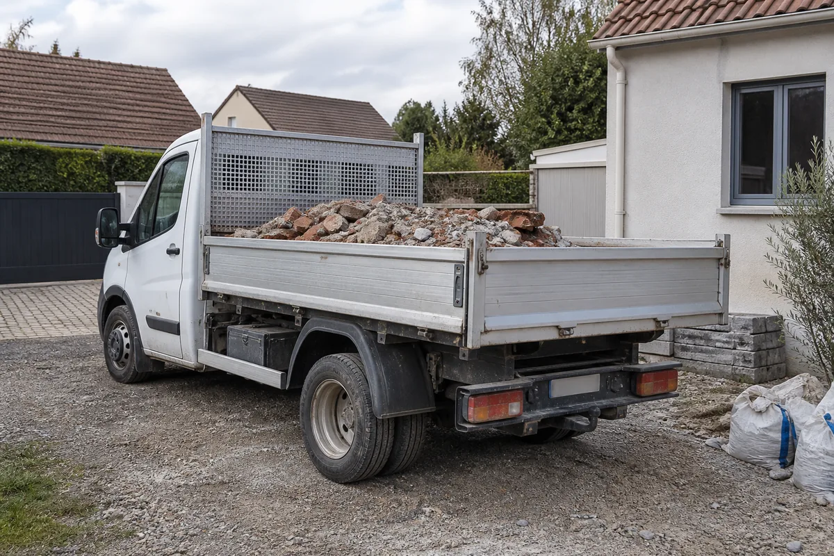 Illustration d’un camion-benne transportant des gravats sur un chantier de rénovation