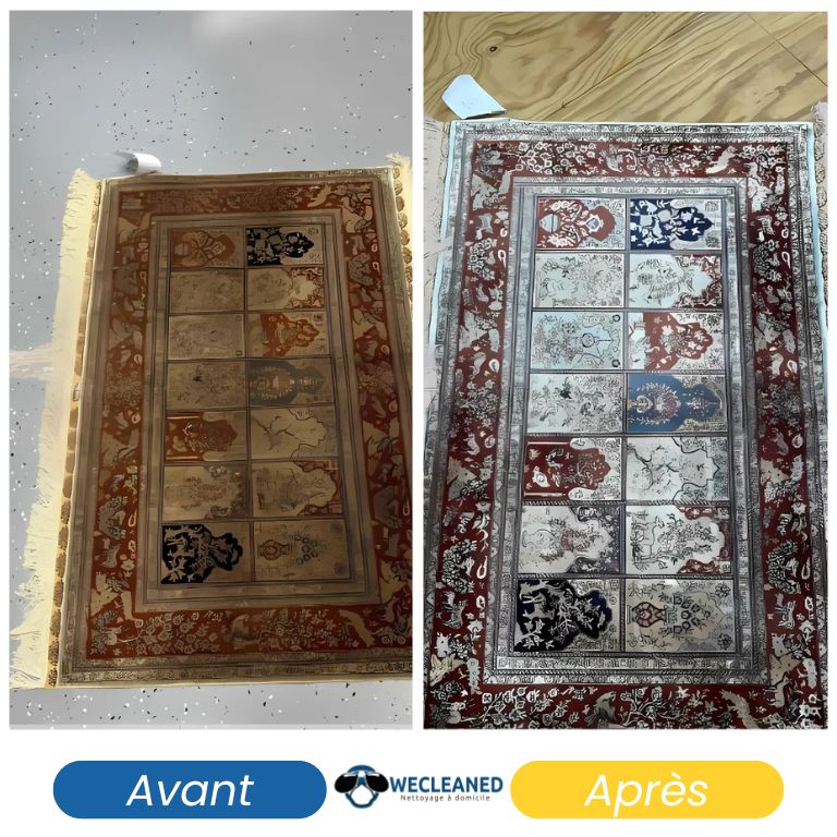 Transformation d'un tapis à motifs après un détachage professionnel.